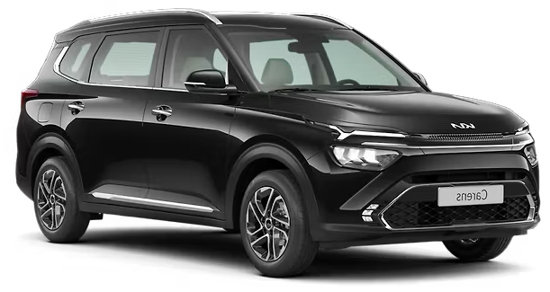 Black KIA Carens, 2026 registration, available for self-drive or with-driver rental in Jagtial